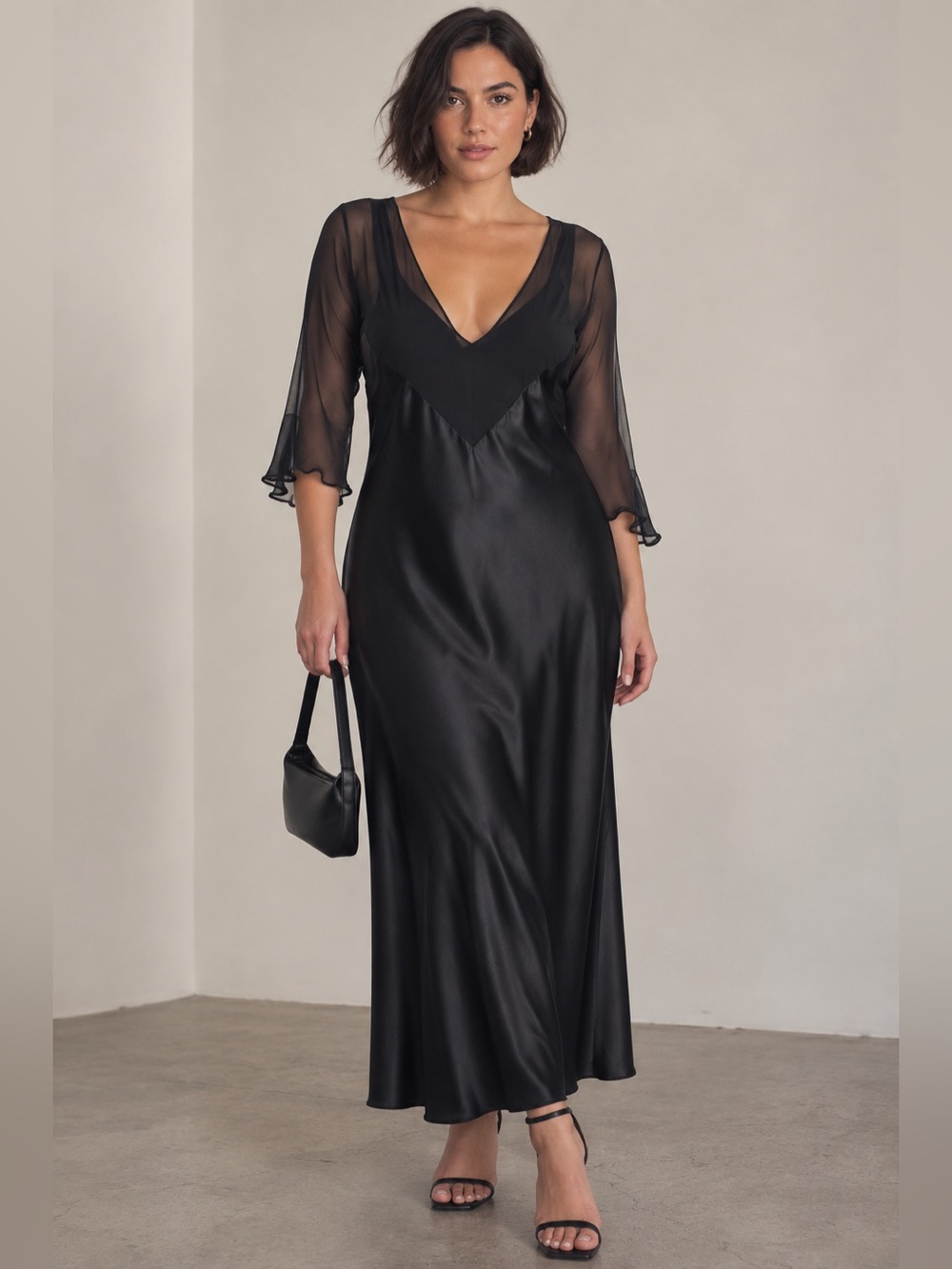 Jones New York Black Satin Sheer Chiffon Maxi Dress 90s Y2K Sz 10